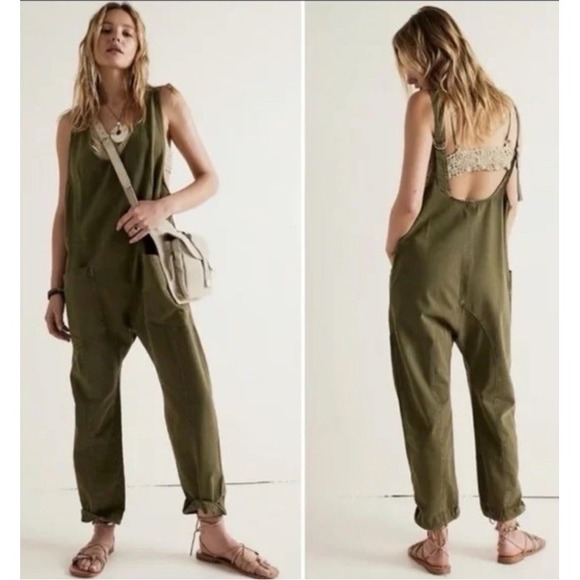 We The Free Denim - We The Free Free People Olive Green Cotton Twill Slouchy Overalls Jumpsuit M